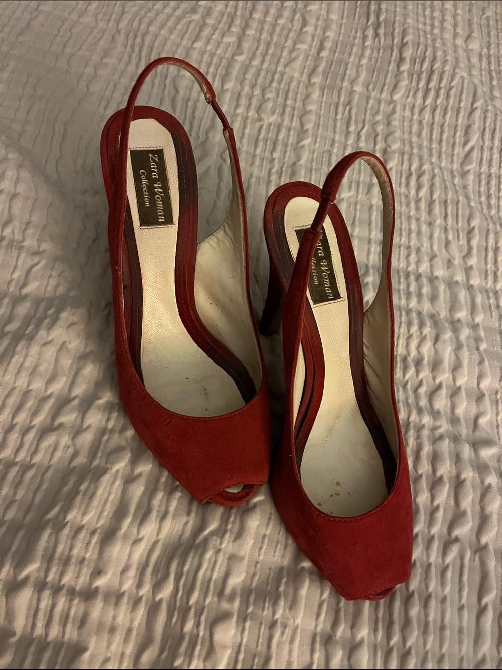 Zara Red Suede Slingback Peep Toe Heels